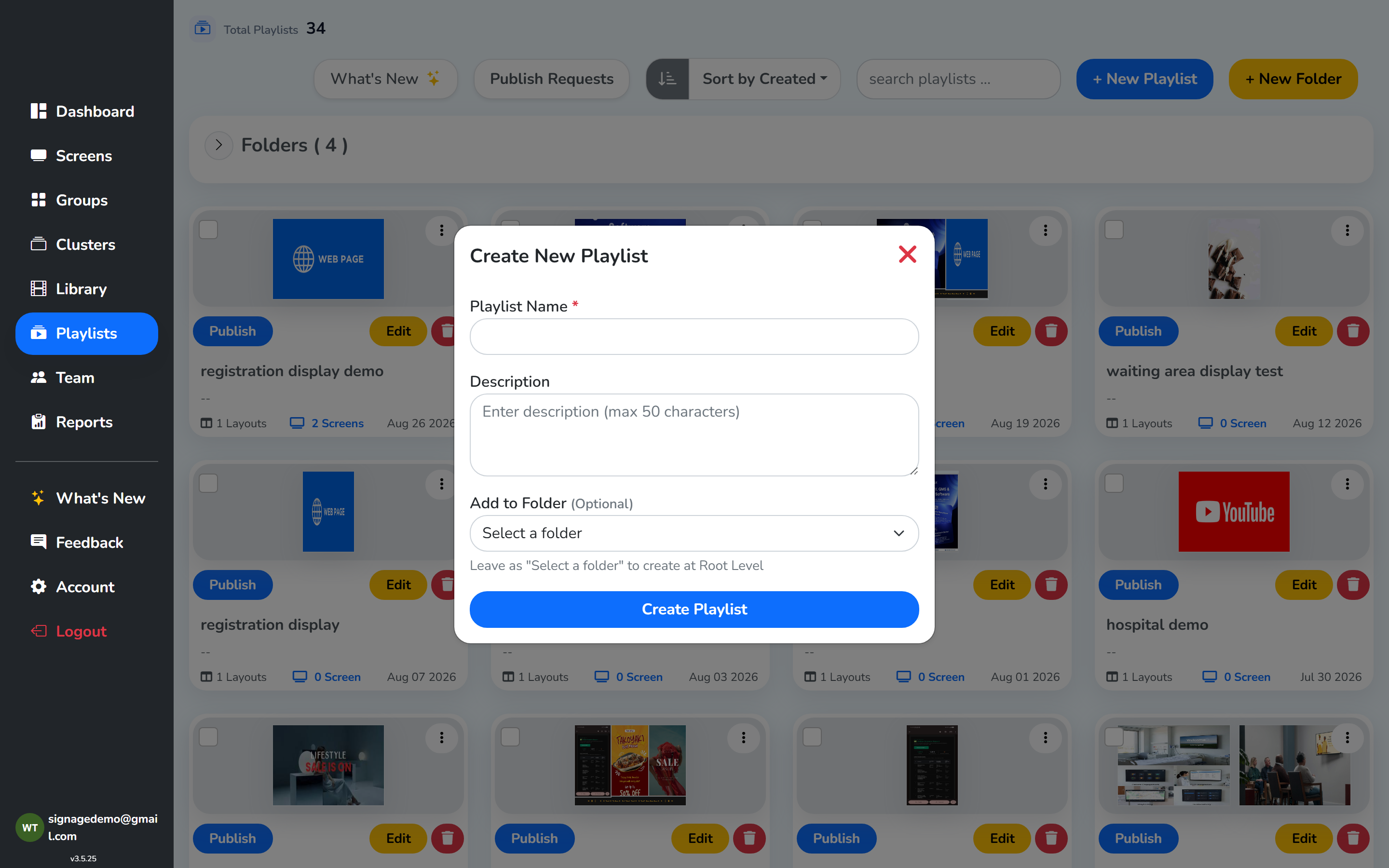 The Create New Playlist dialog, asking for a name, a description and an optional folder