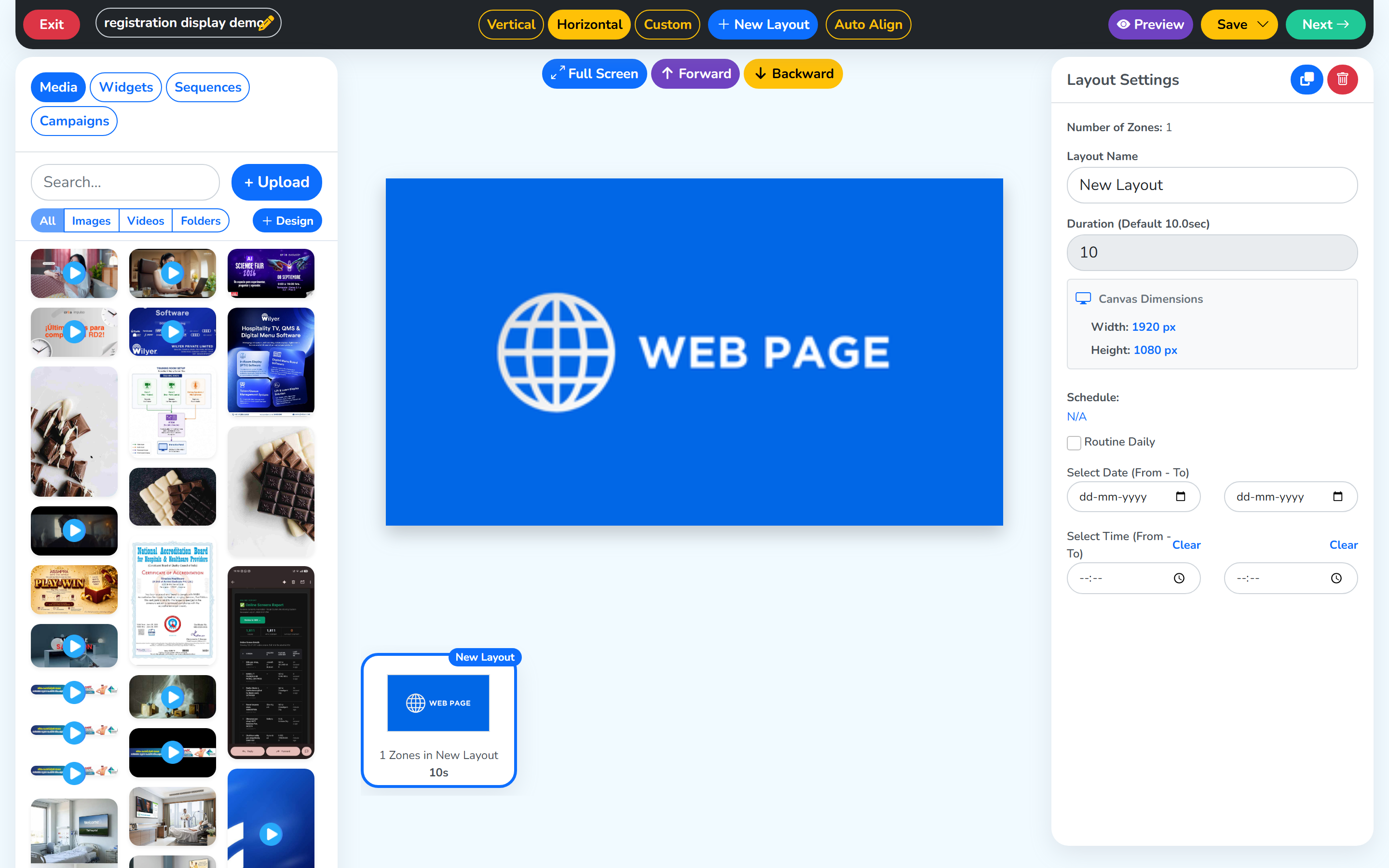 The Playlist Editor, media on the left, the canvas in the middle, layout settings on the right