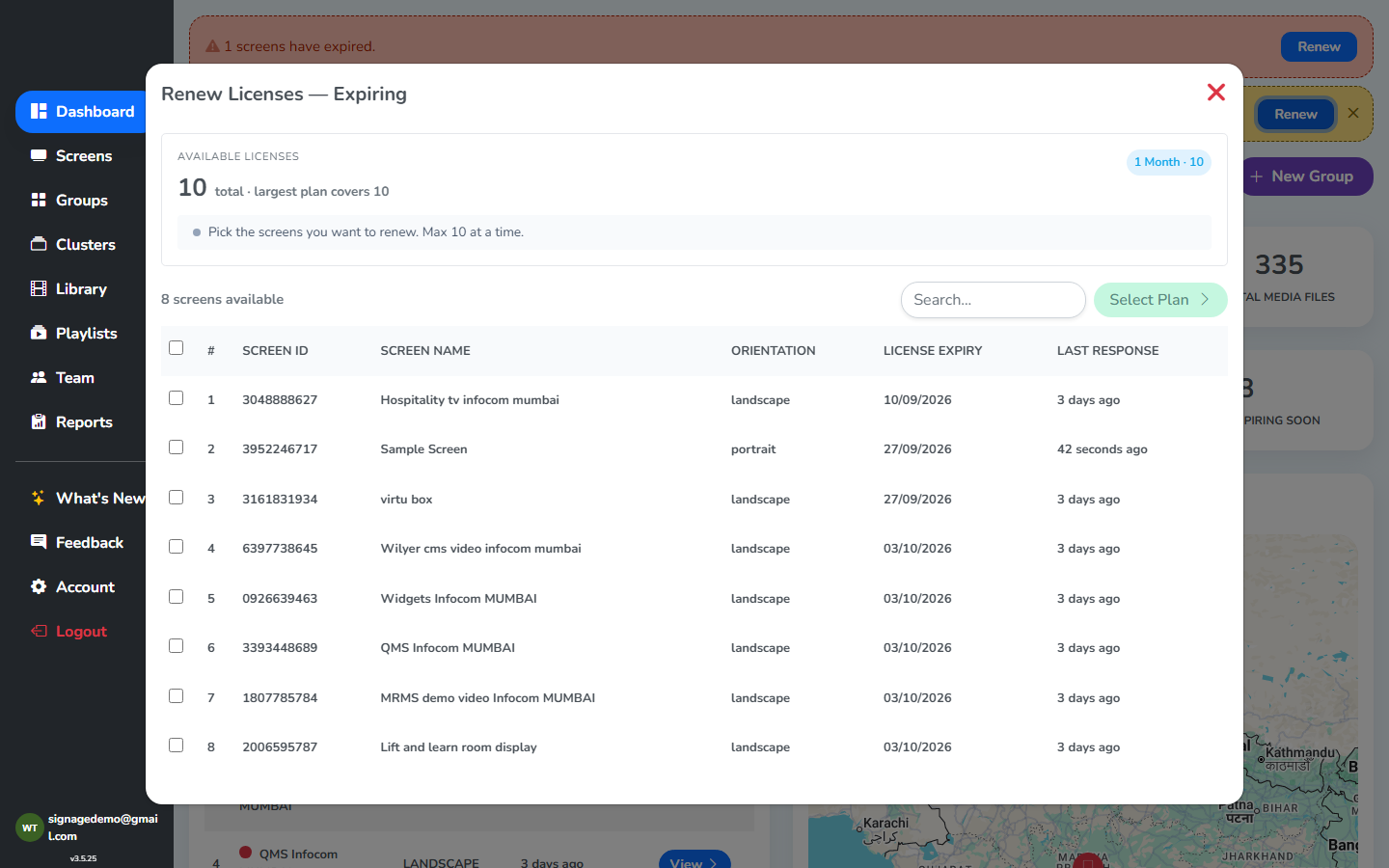 The Renew Licenses, Expiring dialog: the Available Licenses section, the plan summary chip, and the list of screens