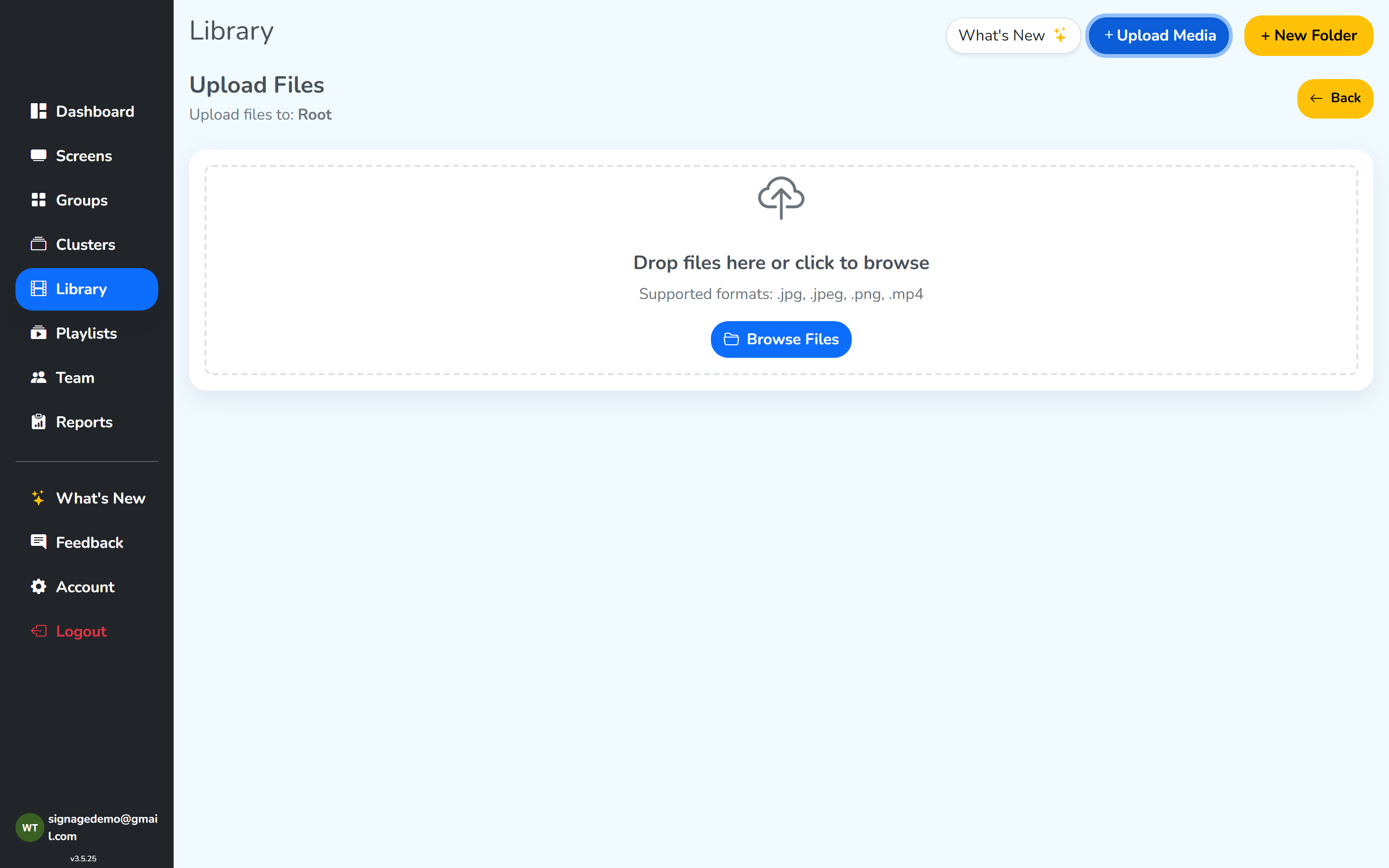 The Upload Files panel, with the drop area and the Browse Files button