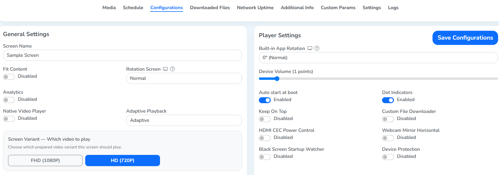 A screen's Configurations tab, General Settings card, with Screen Variant now offering both FHD (1080P) and HD (720P)