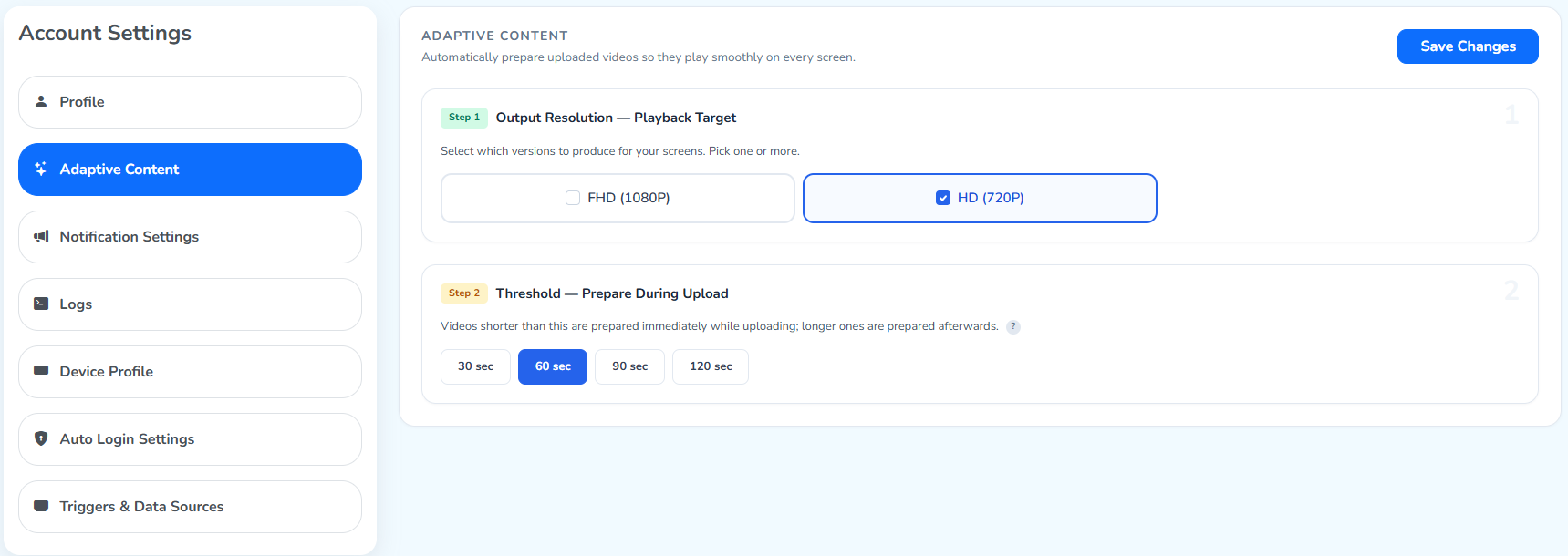 The Adaptive Content tab, with Output Resolution and Threshold steps stacked above the Save Changes button