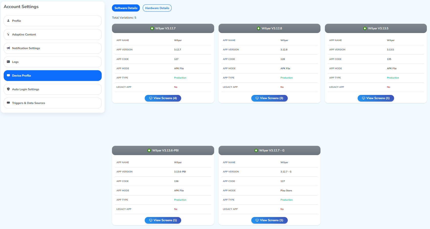 The Device Profile tab, with Total Variations and a card for each player app variation