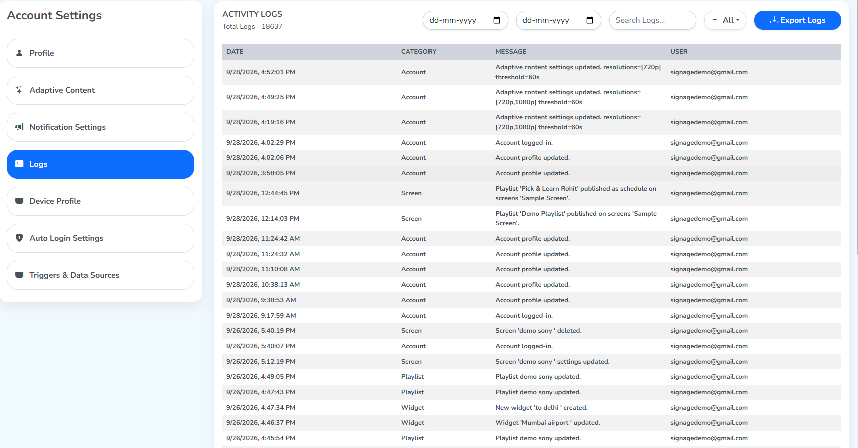 The Logs tab, with Date, Category, Message and User columns listing account activity