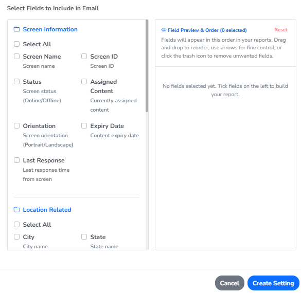 The Select Fields to Include in Email panel, with fields on the left and Field Preview & Order on the right