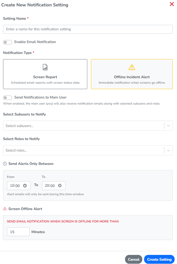 The Create New Notification Setting panel, with Offline Incident Alert selected as the Notification Type