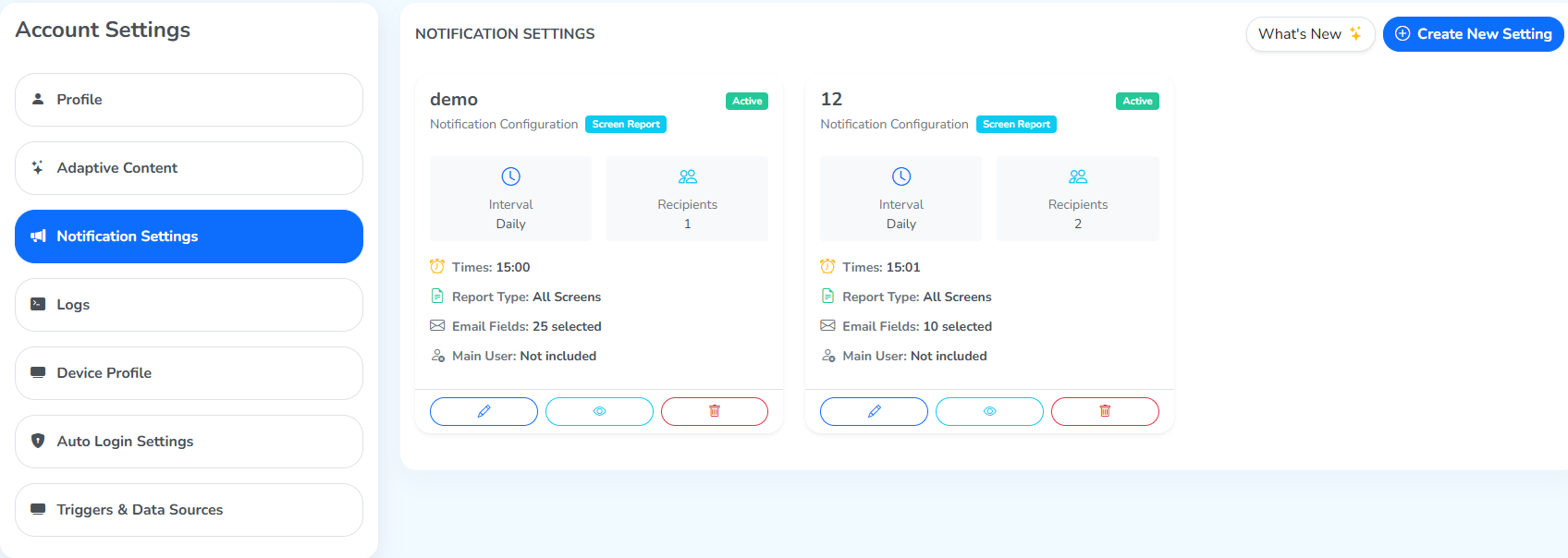 The Notification Settings tab, with the Create New Setting button at the top right