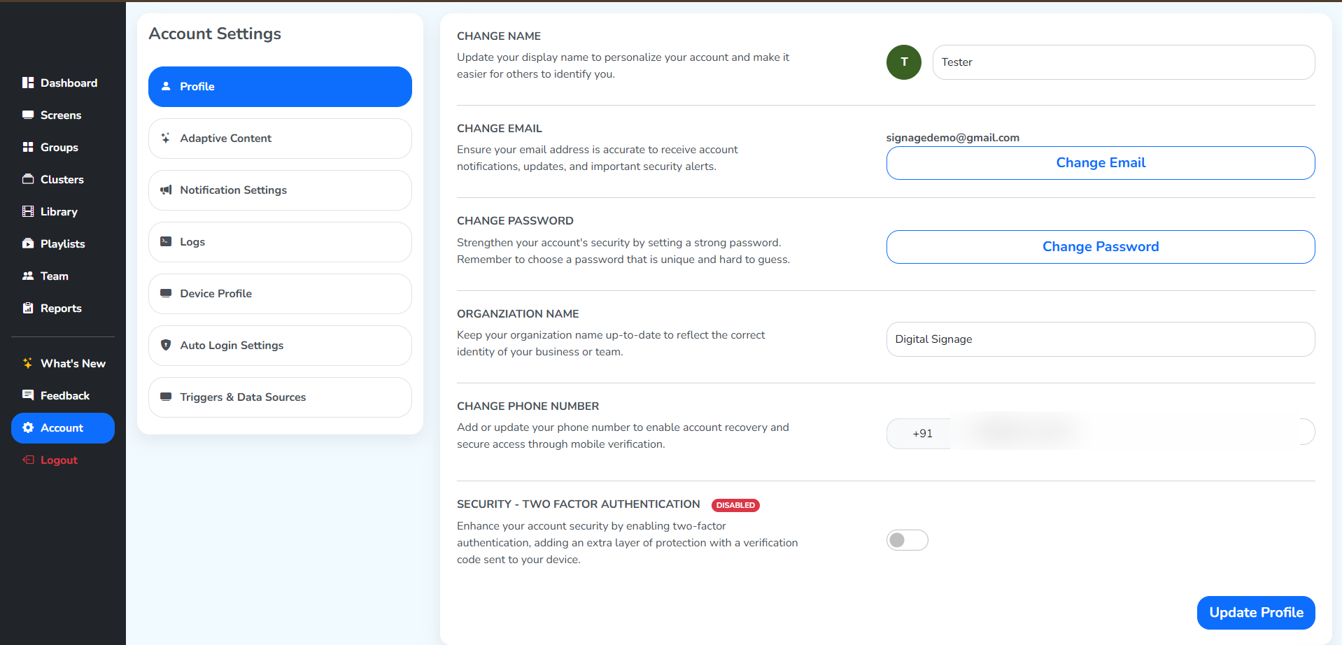 Account Settings, opened from Account in the left panel, with the left rail of settings and the Profile fields on the right