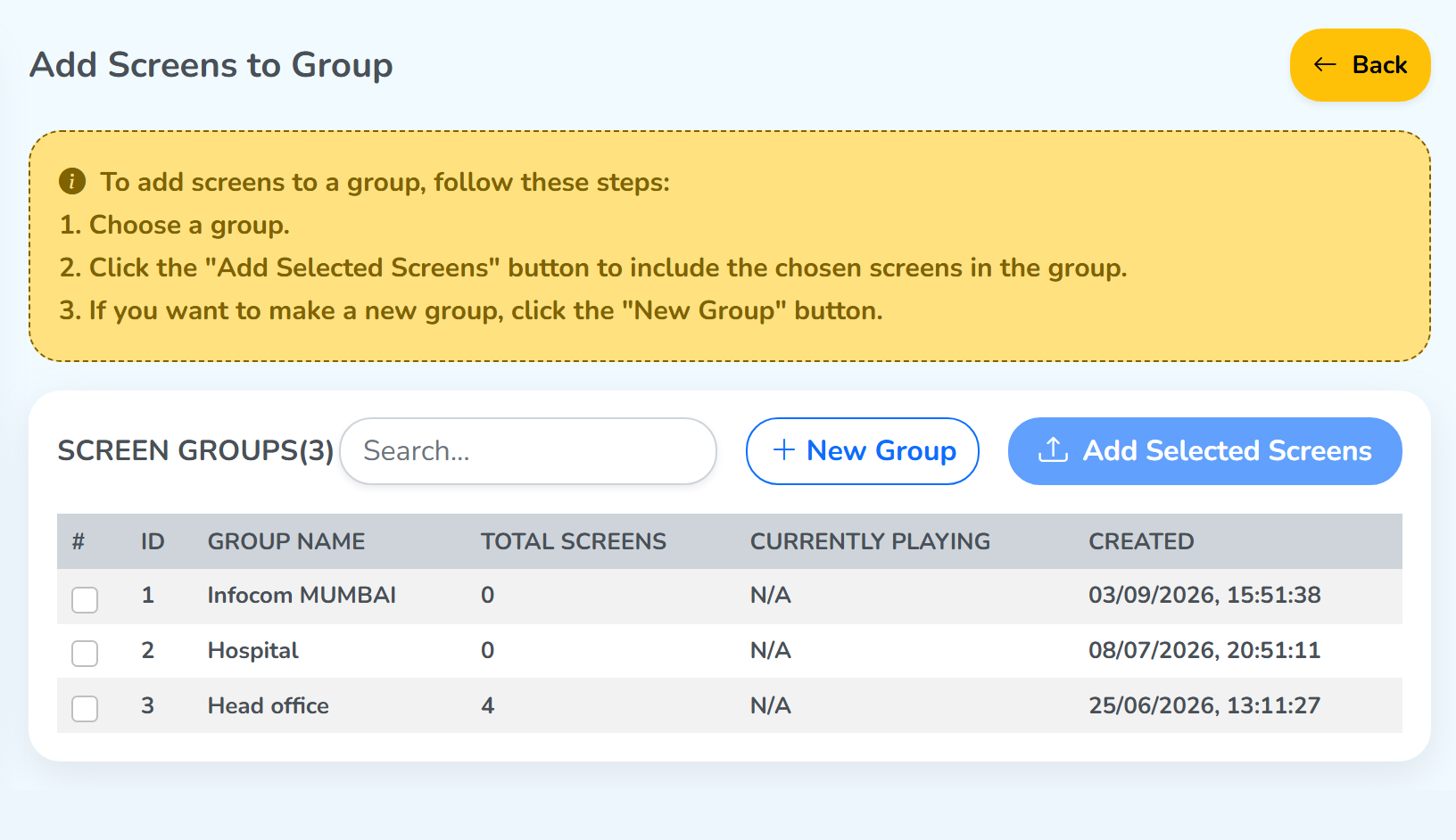 The Add Screens to Group panel: the yellow note, the search field, the New Group and Add Selected Screens buttons, and the table of groups with a checkbox on each row