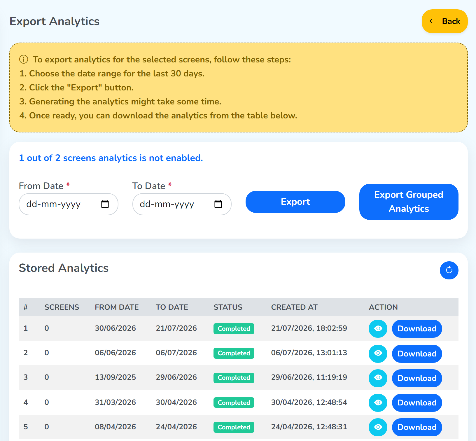 The Export Analytics panel: the yellow note, the line showing how many selected screens have analytics turned off, the From Date and To Date fields, the Export and Export Grouped Analytics buttons, and the Stored Analytics table