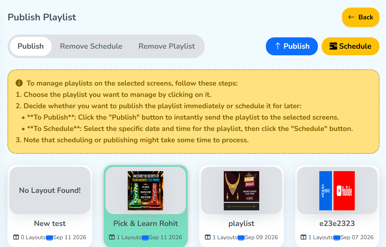 The Publish Playlist panel after a tile is clicked: the chosen tile is highlighted, and the Publish and Schedule buttons now show at the top right