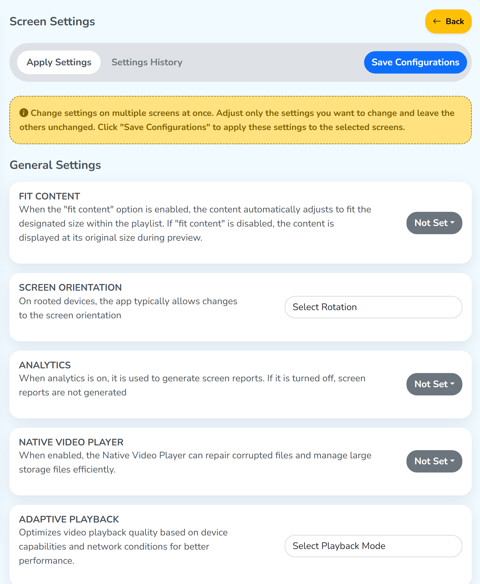 The Screen Settings panel: the Apply Settings and Settings History tabs, the Save Configurations button, the yellow note, and the General Settings controls with each one at Not Set