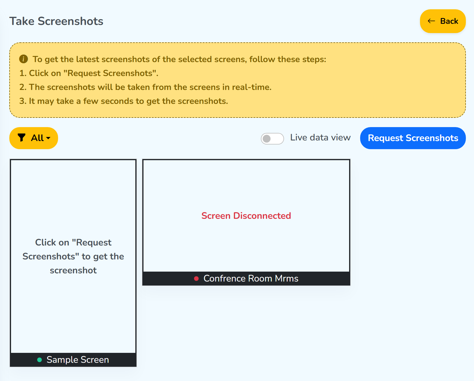 The Take Screenshots panel: the yellow note, the All filter, the Live data view toggle, the Request Screenshots button, and one tile for each selected screen