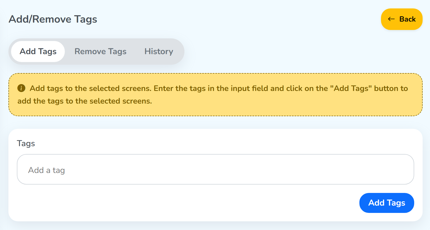 The Add/Remove Tags panel: the Add Tags, Remove Tags and History tabs, the yellow note, the Tags field and the Add Tags button