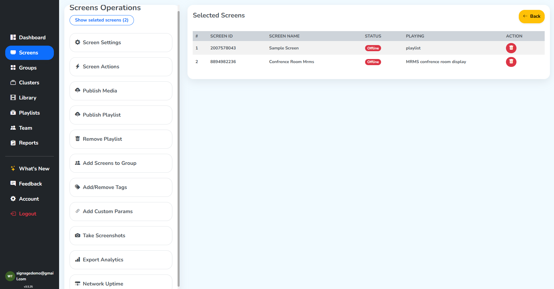 The Screens Operations page: the list of bulk operations down the left, from Screen Settings to Network Uptime, and the Selected Screens table on the right with the two chosen screens