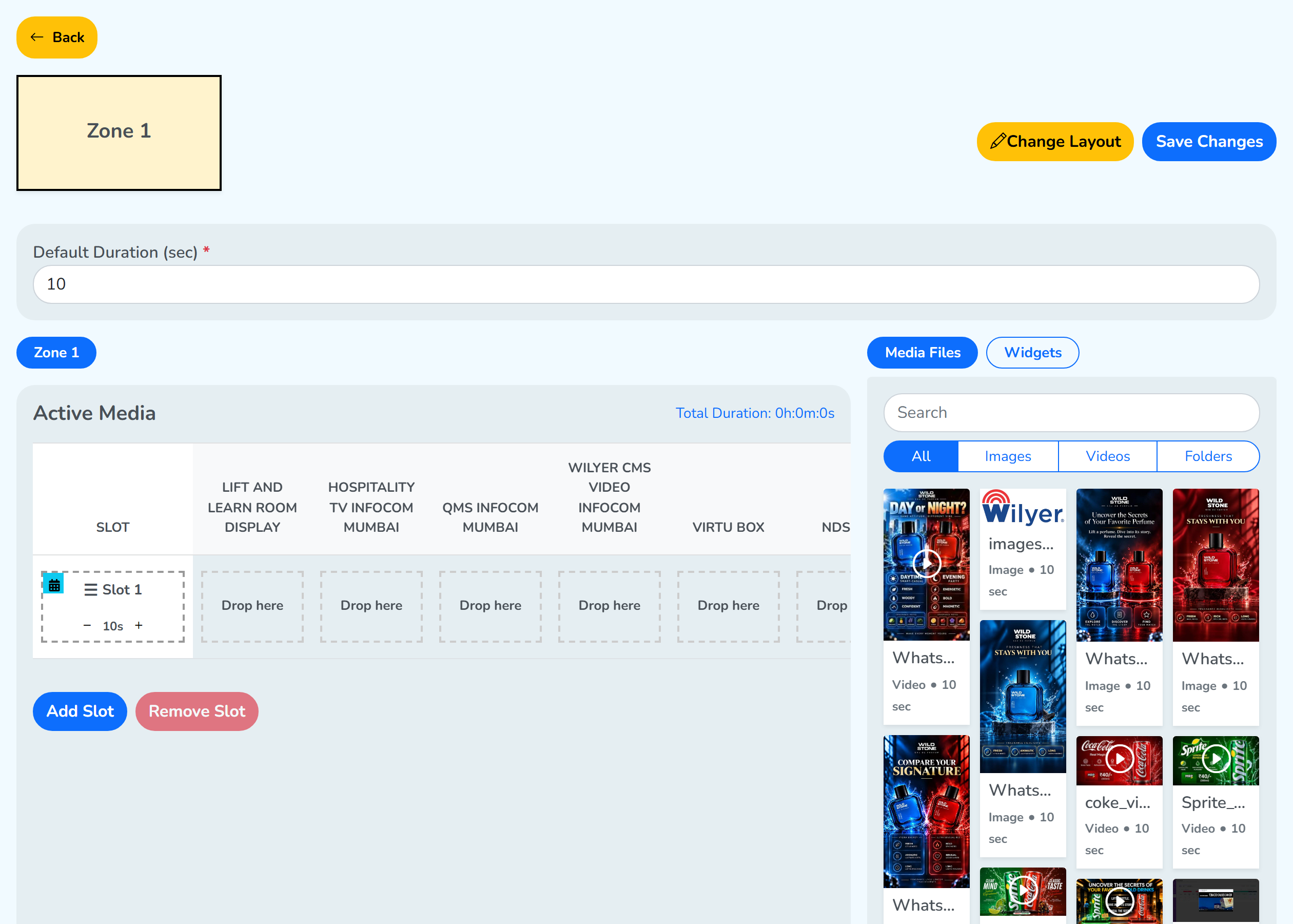 The batch page in Files mode: the default duration at the top, the slots with one column for each screen on the left, the media files and widgets on the right, and Save Changes at the top right