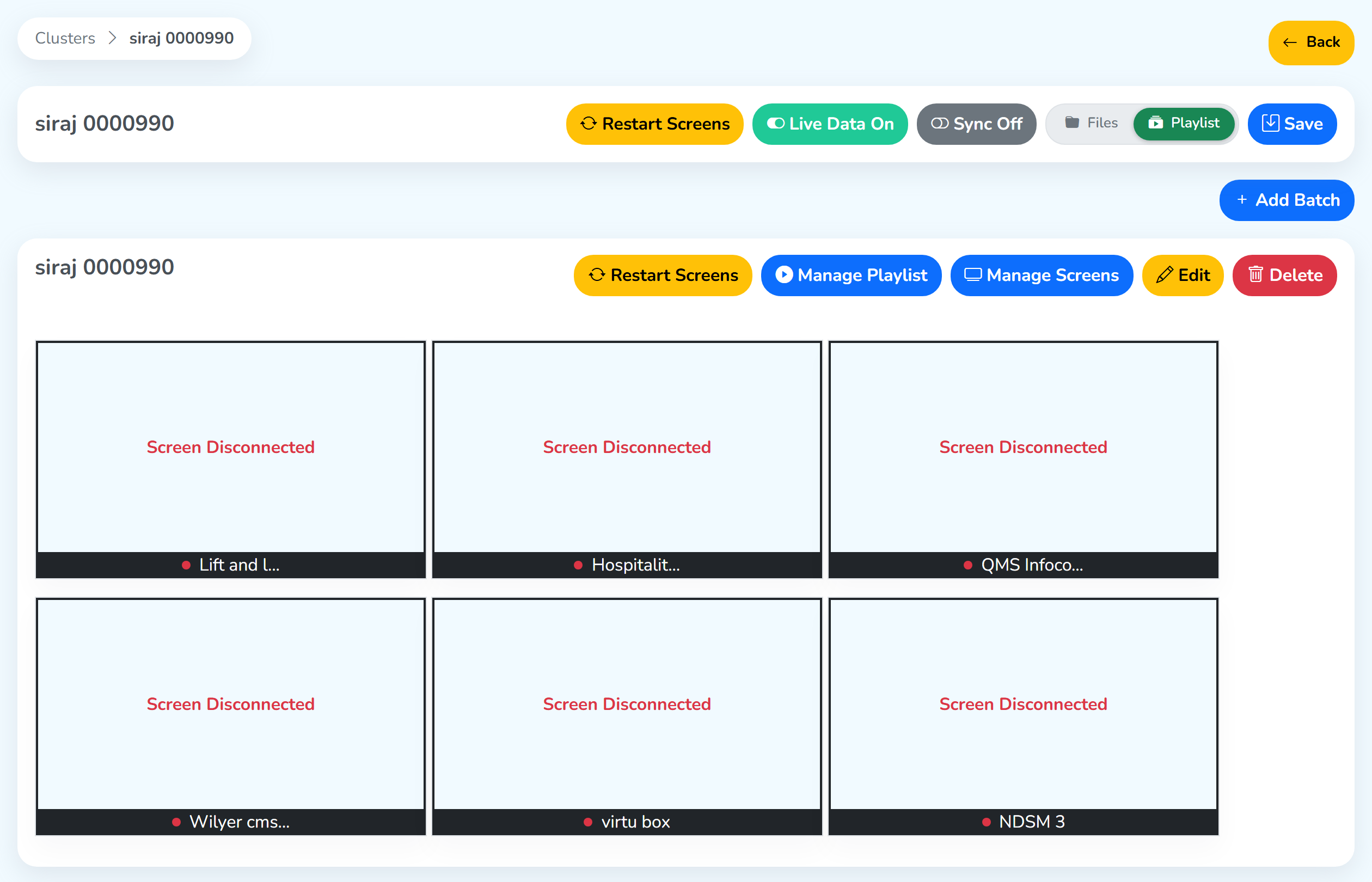 A cluster's own page, with the breadcrumb and Back at the top, the cluster controls in a row, the Add Batch button and one batch card with its screens
