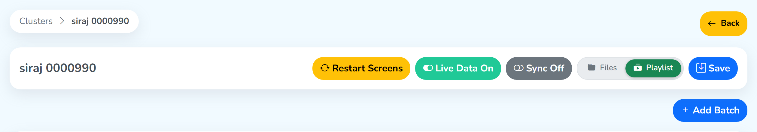 The top of a cluster's page, with the cluster controls in a row and the Add Batch button under them