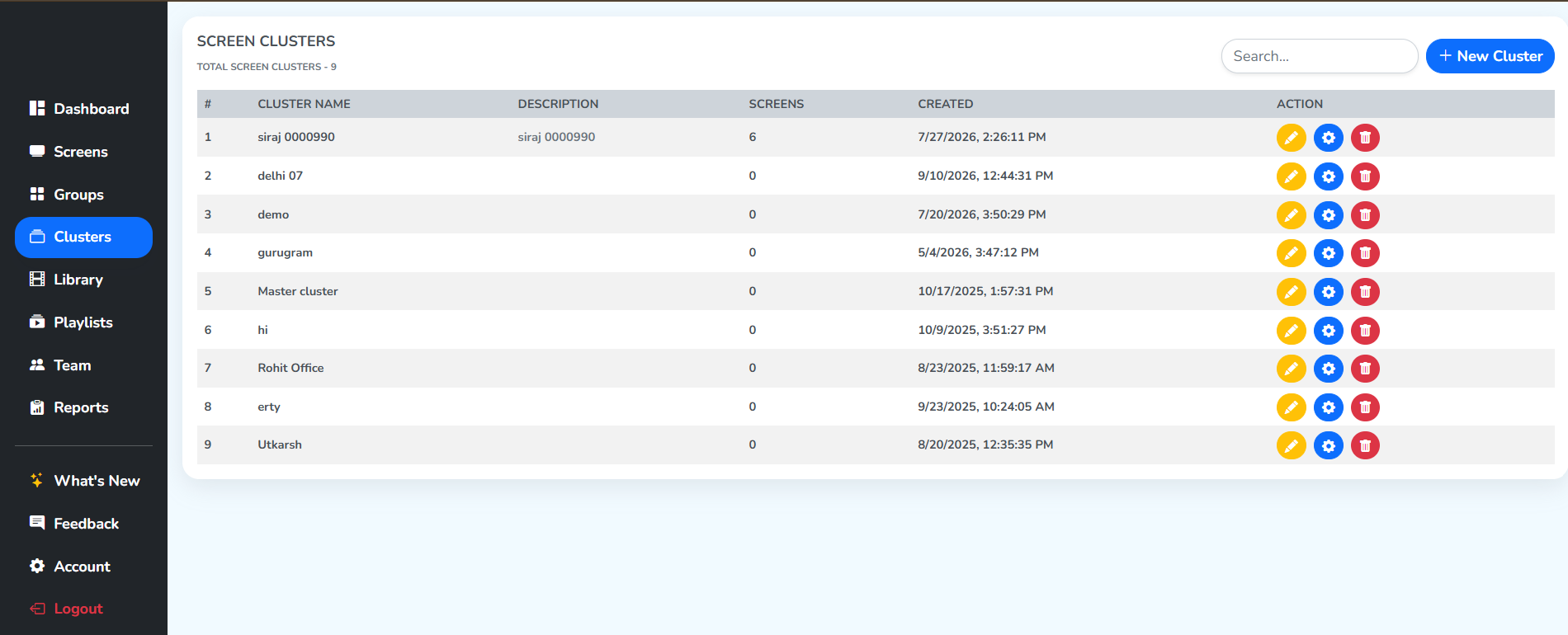 The Clusters page with Clusters picked in the left panel, and the Screen Clusters list beside it with every cluster, its screen count and the three row actions