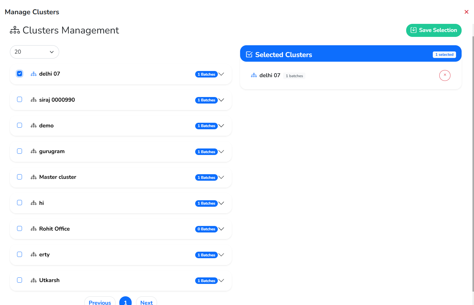 Manage Clusters, with the list of clusters and their batch counts on the left, one ticked cluster under Selected Clusters on the right, and the Save Selection button