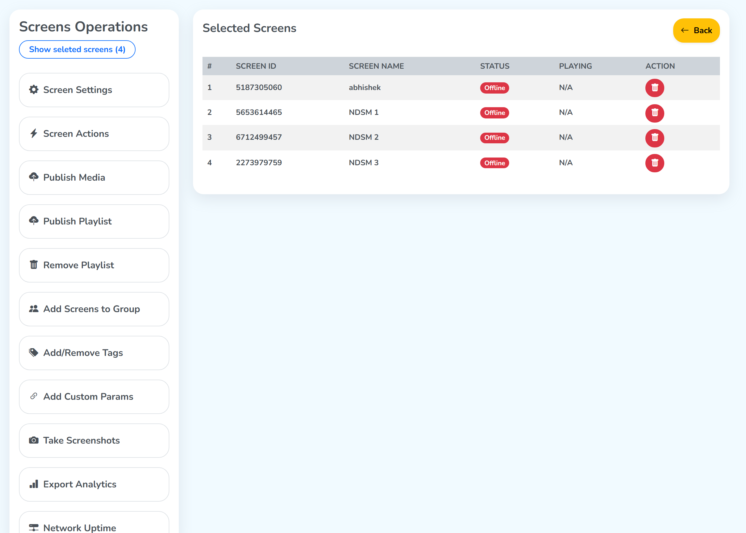 Screens Operations, with the operations down the left and the four screens from the open level listed under Selected Screens on the right