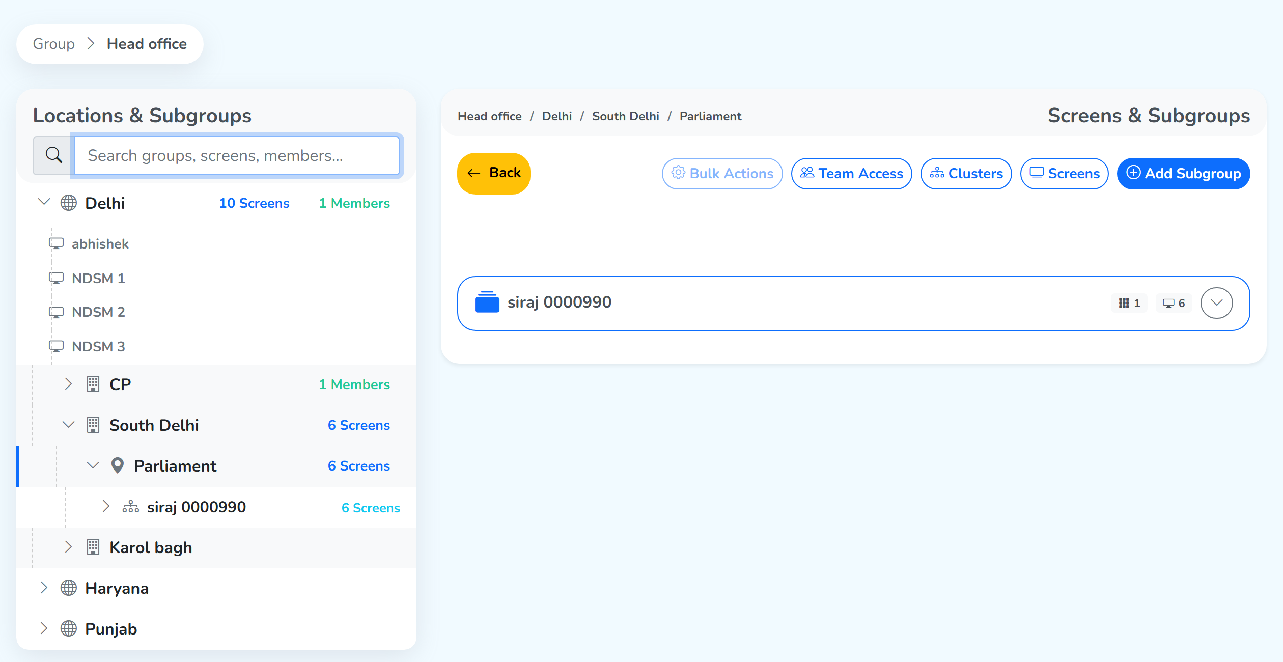 A subgroup level on the group settings page, with a linked cluster under it in the tree, the cluster's card in the right panel and the Bulk Actions button greyed out
