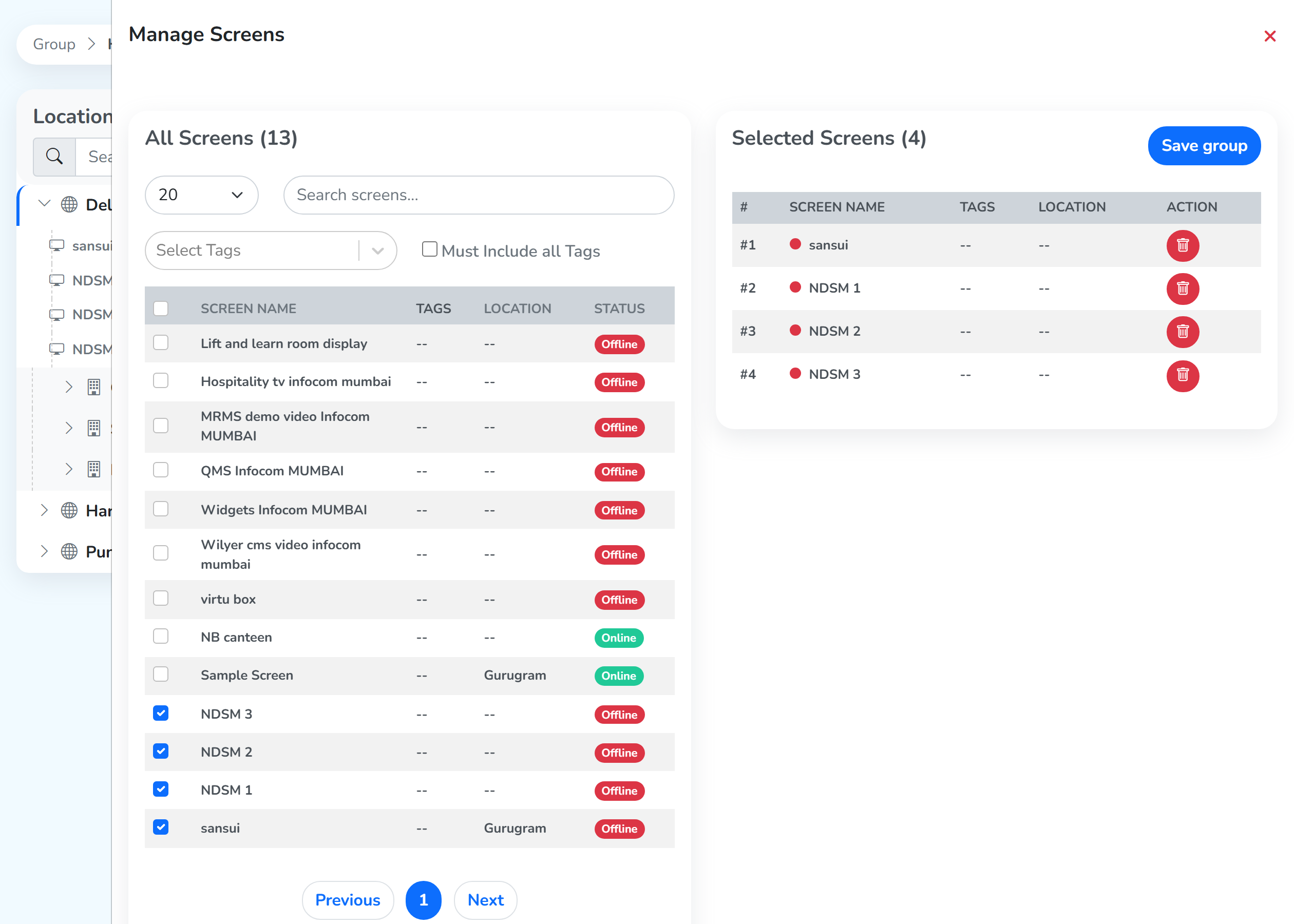 Manage Screens, with every screen on the account on the left and the four already in the group on the right
