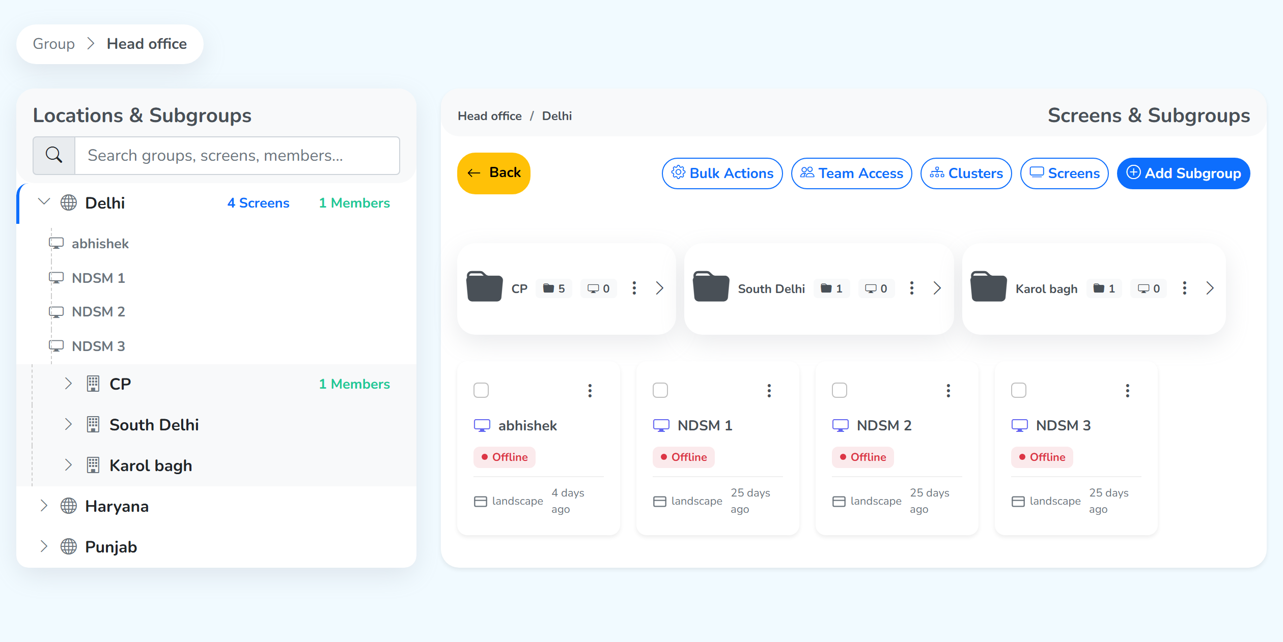 A subgroup opened on the group settings page, with its screen cards on the right and the Bulk Actions button active above them
