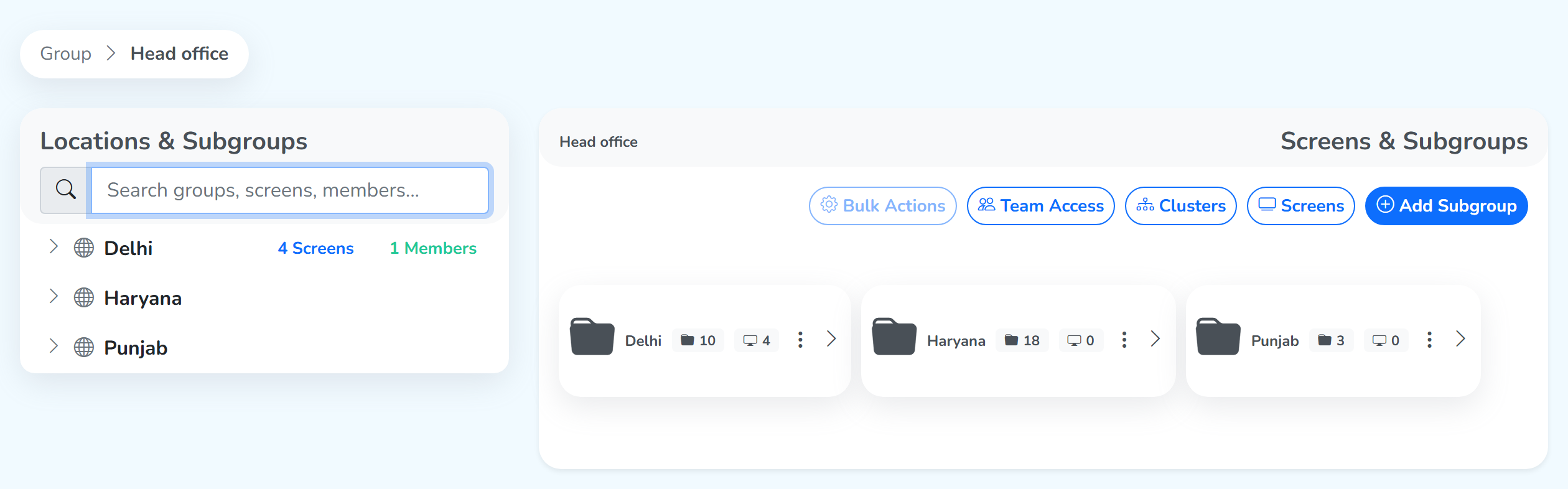 A group's settings page, with the breadcrumb and the group's name at the top, its subgroups listed under Locations & Subgroups on the left, and Screens & Subgroups with its five buttons and subgroup cards on the right