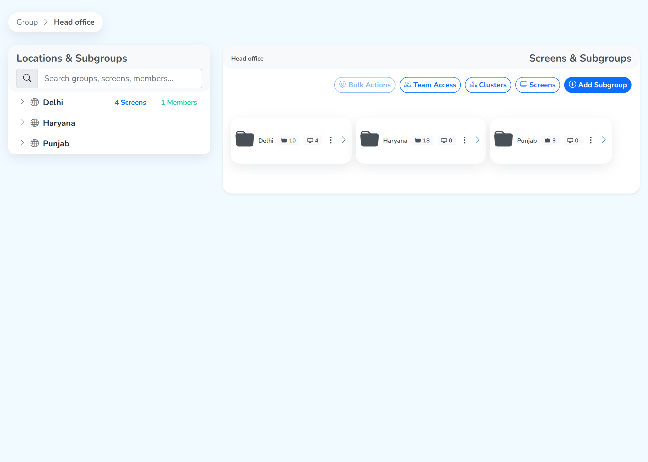 A group's own page, with its subgroups and the Screens button above them