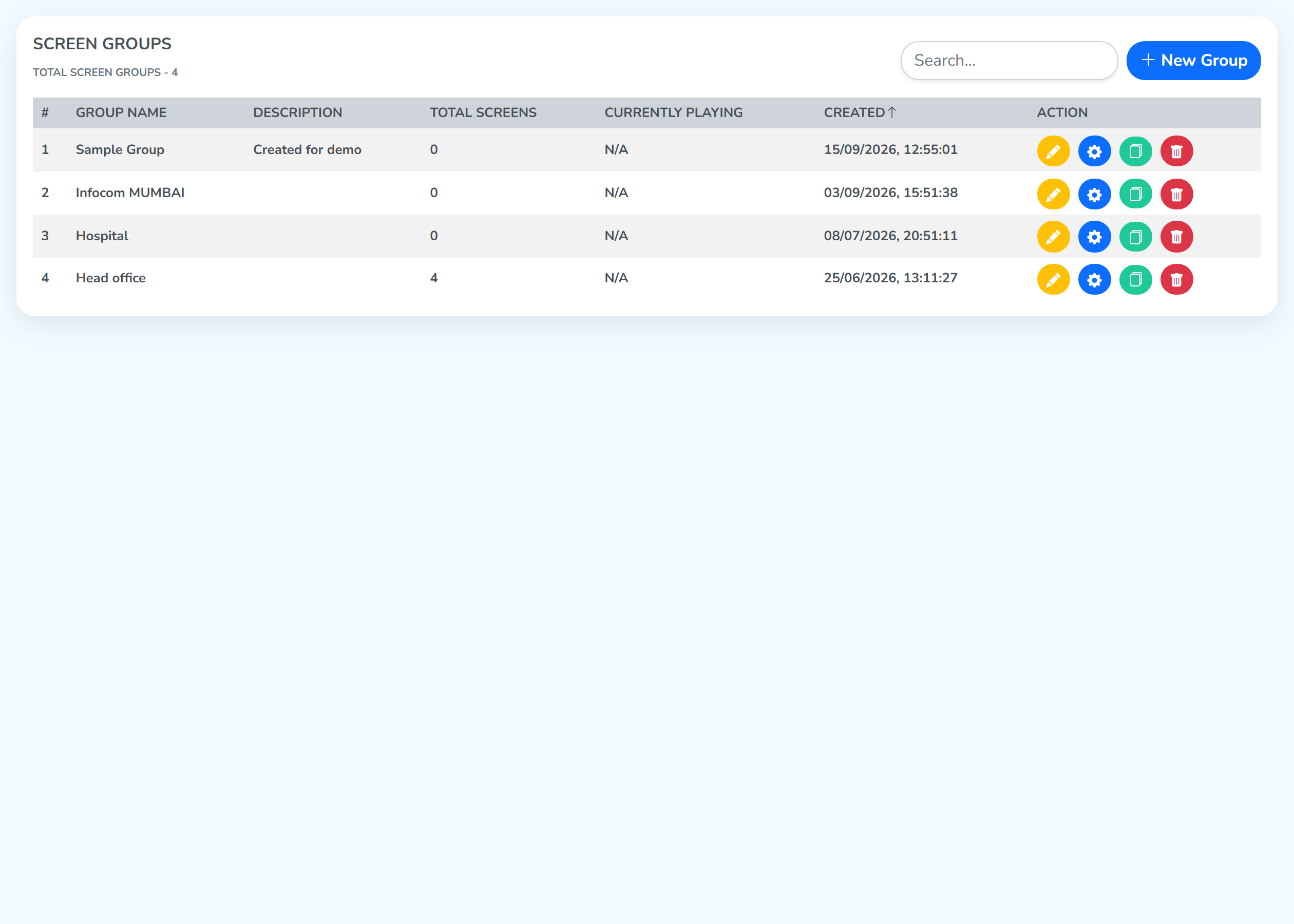The Screen Groups list with the blue settings gear on the last row