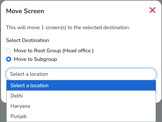 The Move Screen window with Move to Subgroup selected and the list of subgroups open