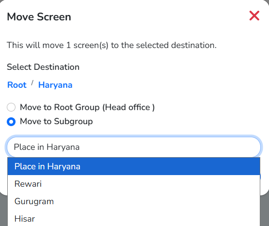 The Move Screen window after picking a subgroup, with the updated path and the list of subgroups inside it