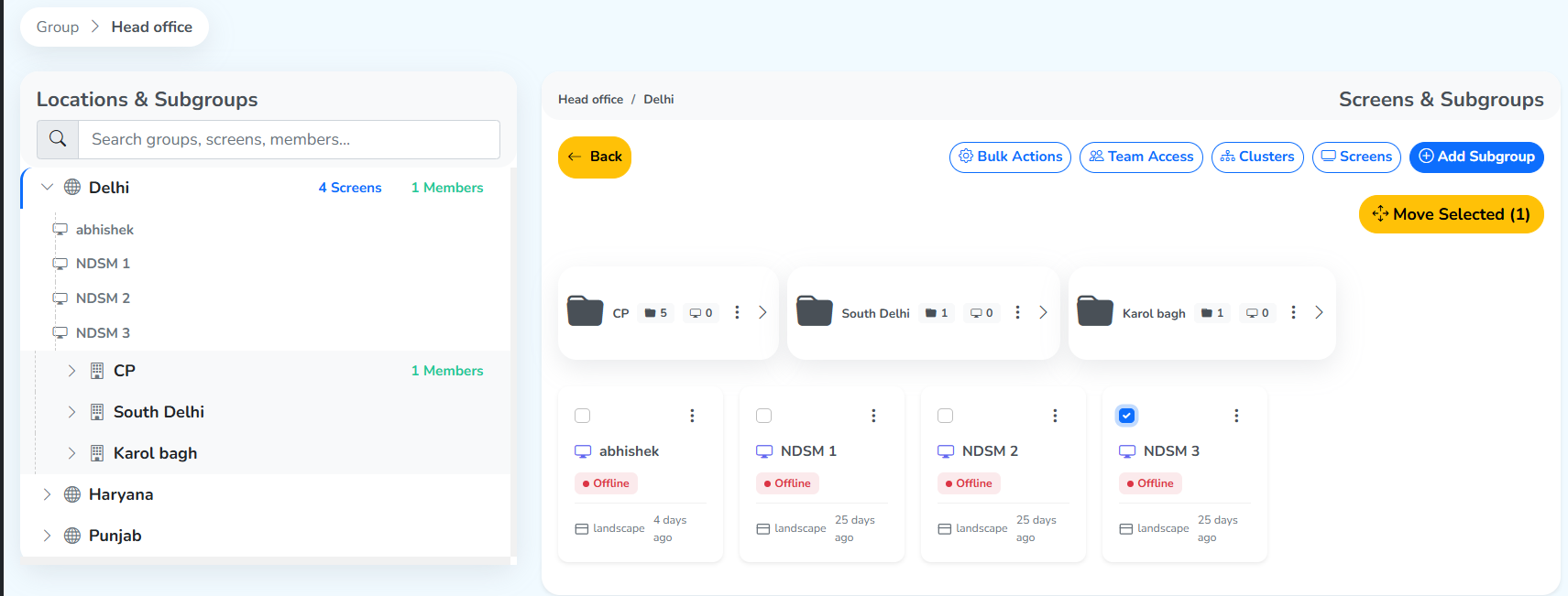 A level on the group settings page with one screen card ticked and the Move Selected button above the cards