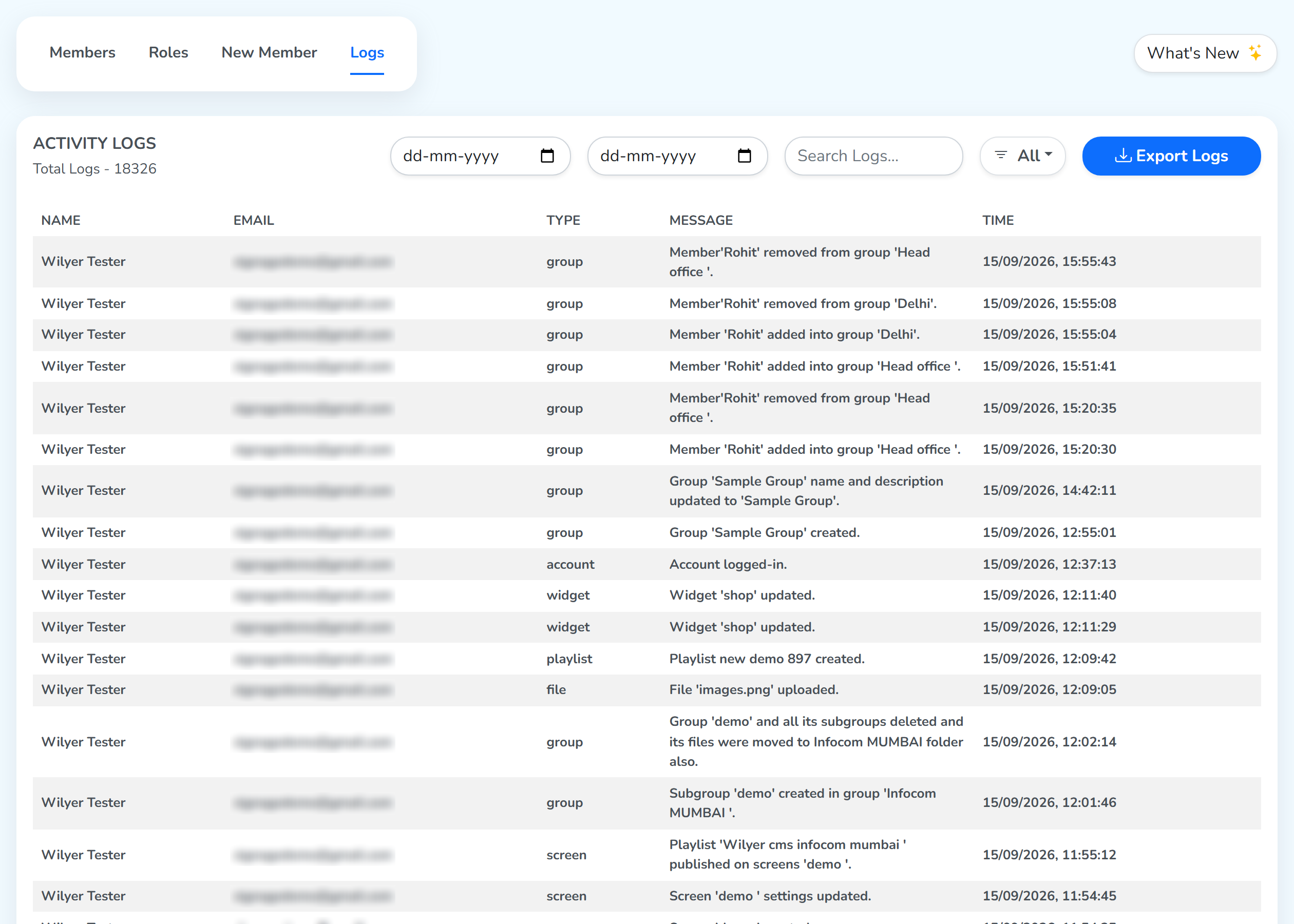 The Logs tab of Team, with date fields, search, filter and Export Logs above the activity list