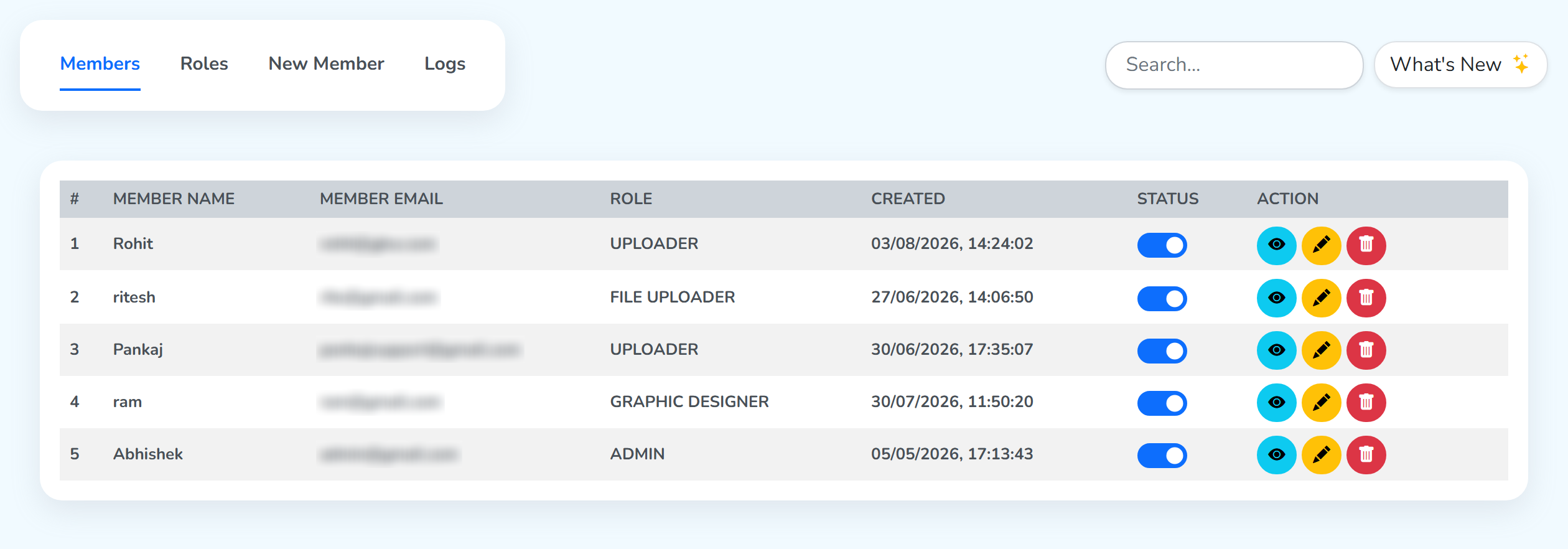 The Members tab of Team, with the list of members, their status switches and action buttons