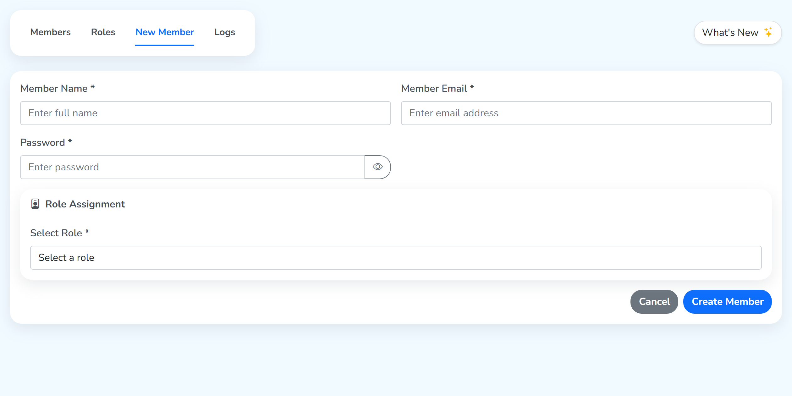 The New Member tab of Team, with the name, email, password and role fields above the Create Member button