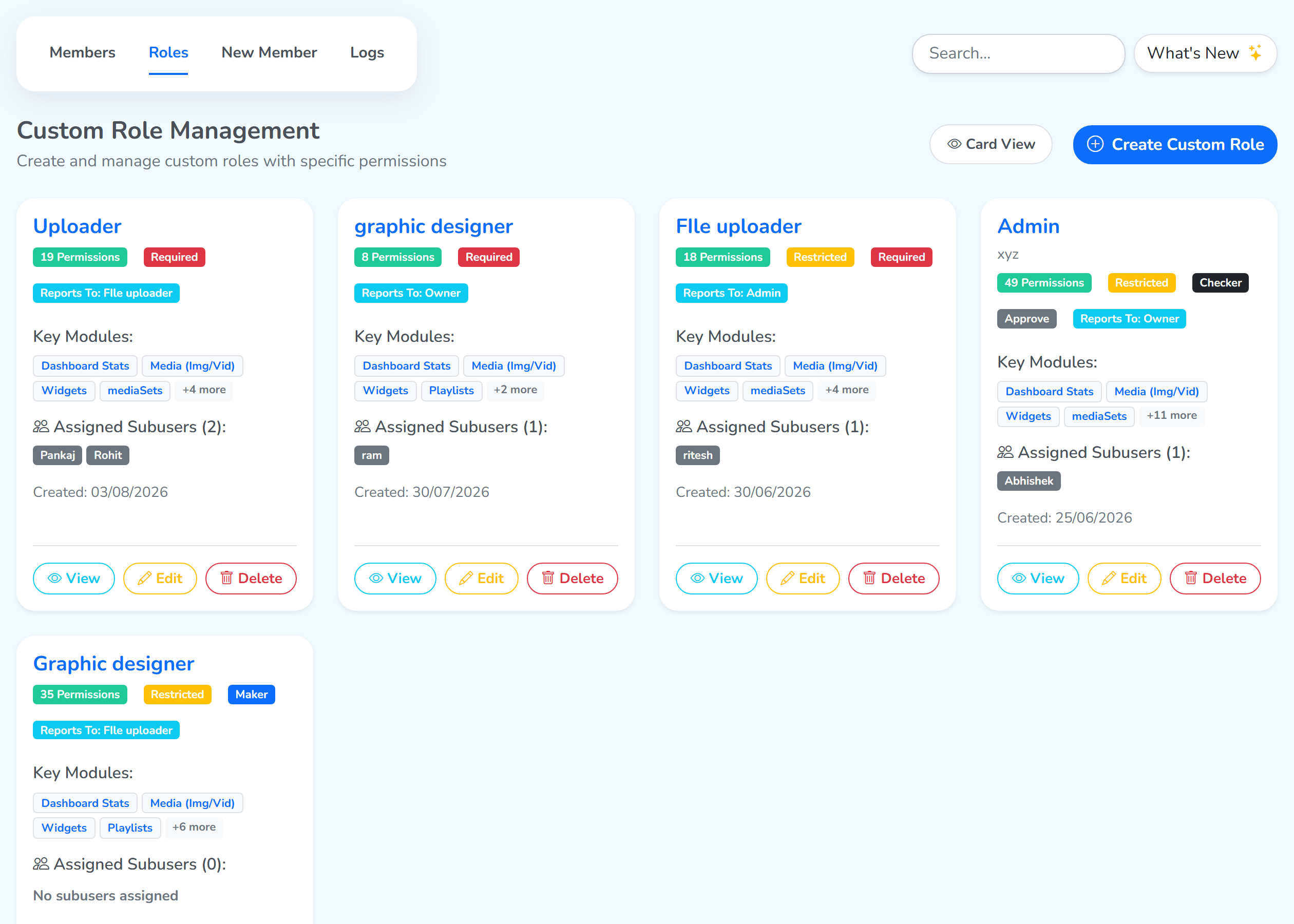 The Roles tab of Team, with a card for each role and the Create Custom Role button