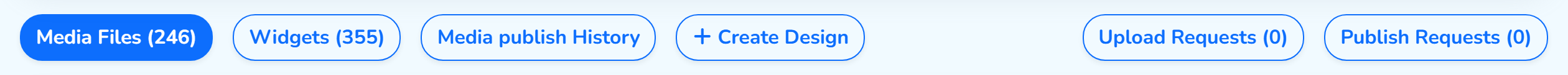 The row of tabs in the Library: Media Files, Widgets, Media publish History, Create Design, Upload Requests and Publish Requests