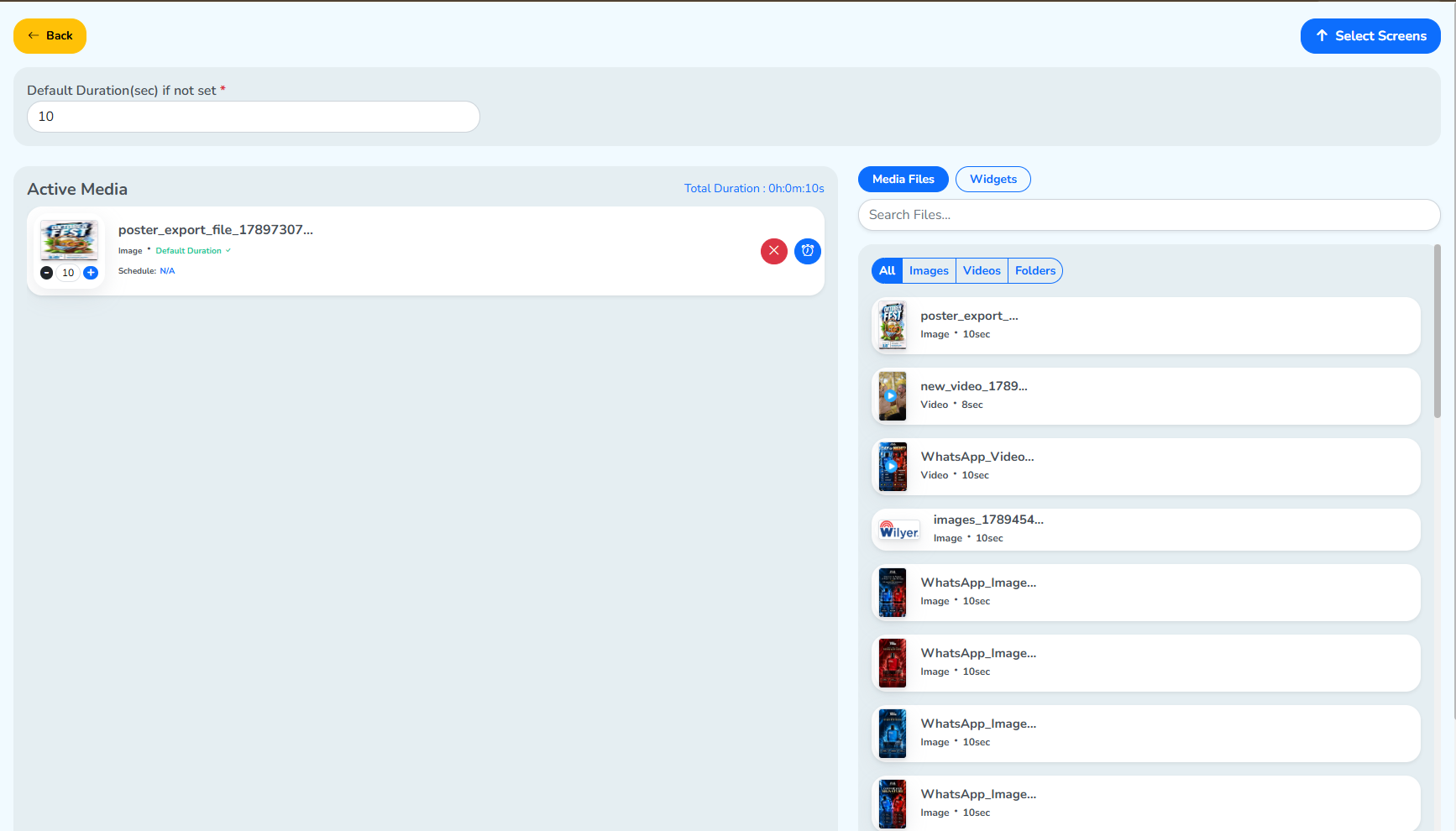 The publish page for one media, with Active Media on the left, files to add on the right, and Select Screens in the top right