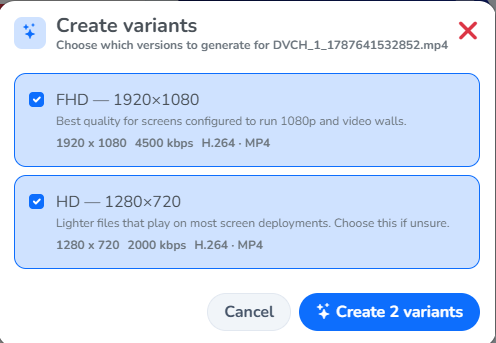 Choosing which variants to create for a video, with their resolution, bitrate and format