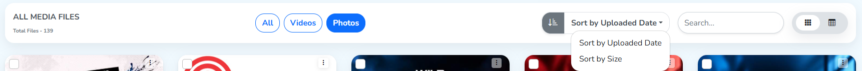 The sort menu open, with Sort by Uploaded Date and Sort by Size