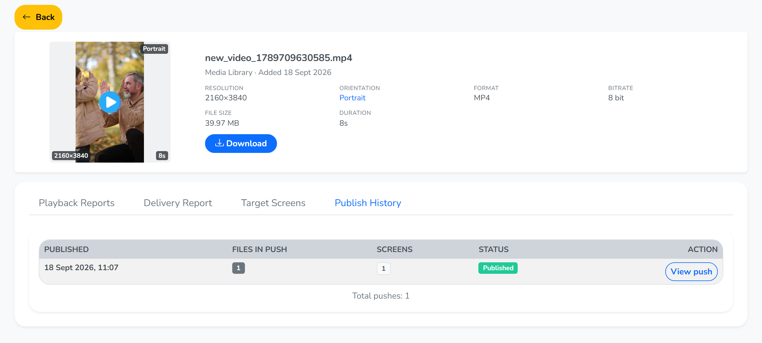 The Publish History tab of a file, a row for each push with its date, file count, screens and status