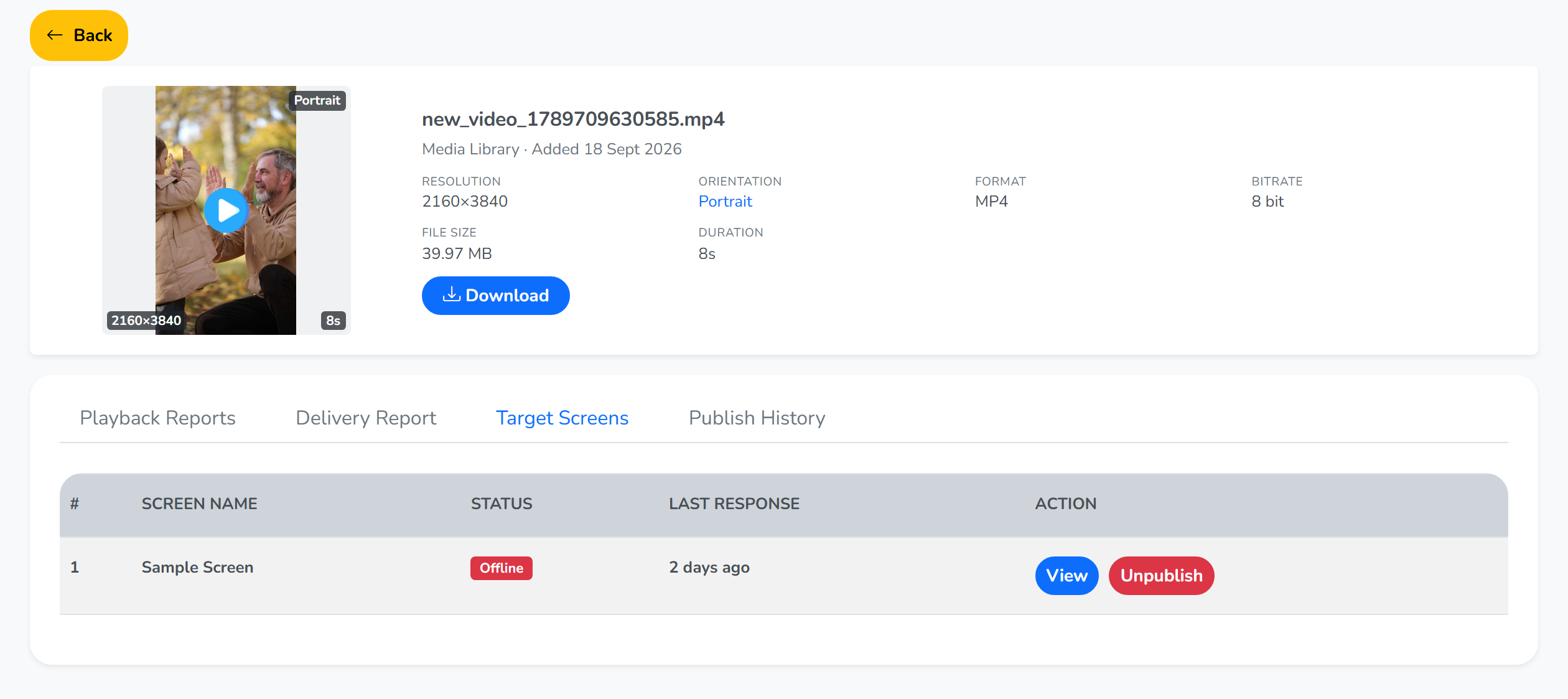 The Target Screens tab of a file, naming the screen with its status, last response and actions