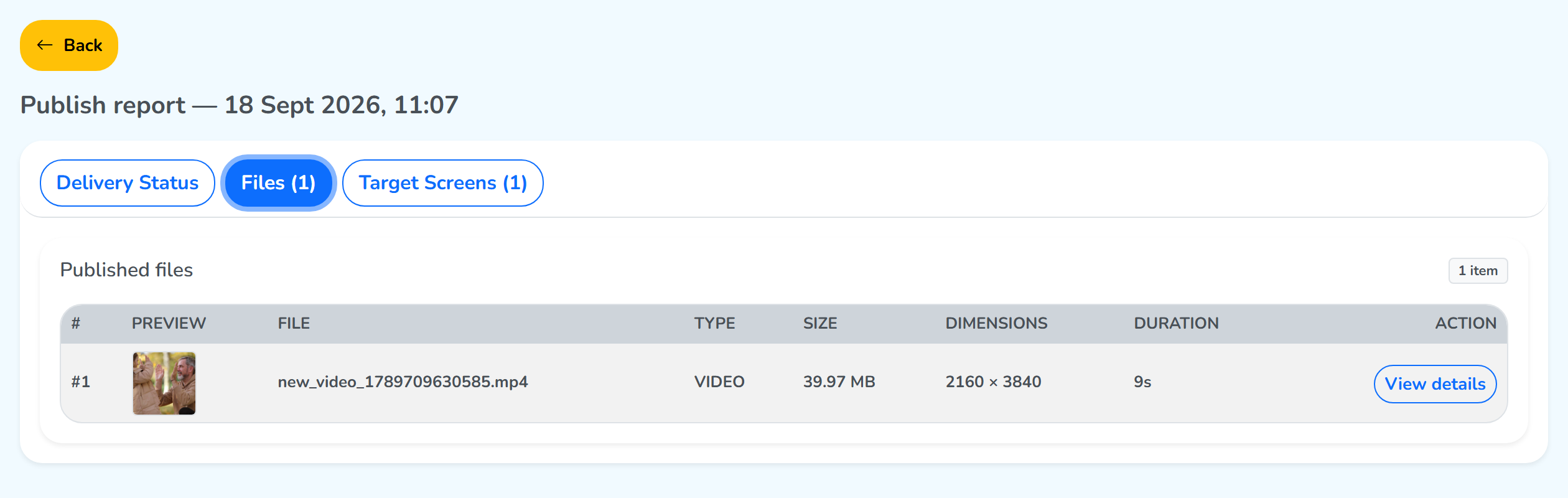 The Files tab of a publish report, listing the published file with its type, size, dimensions and duration