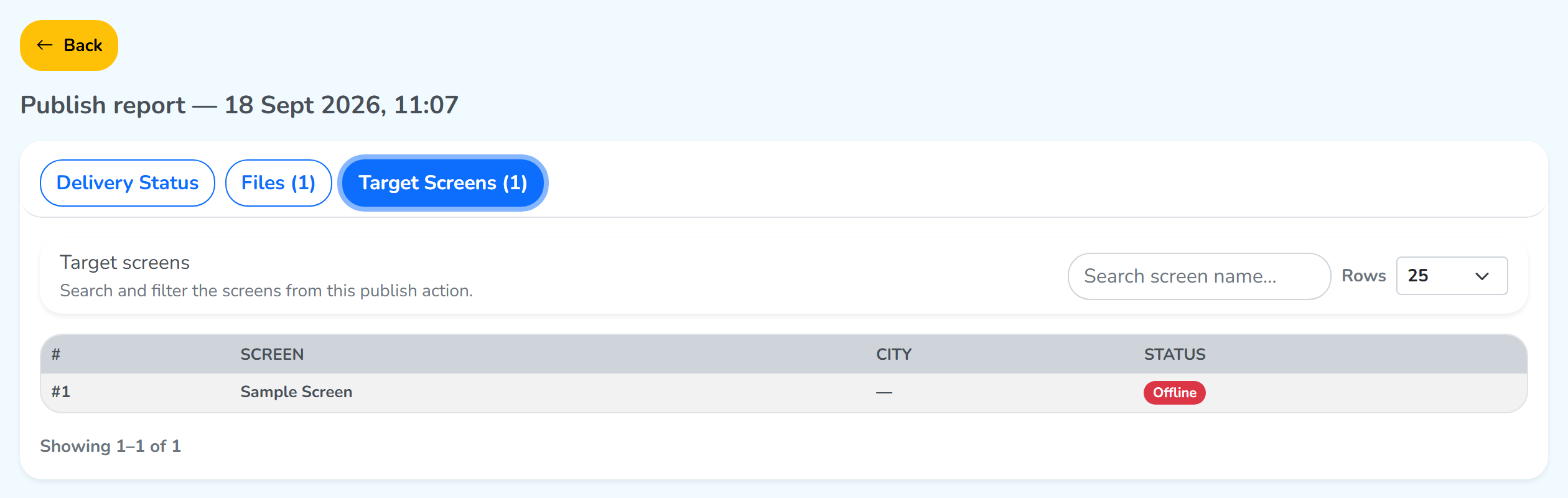 The Target Screens tab, naming each screen in the publish with its status