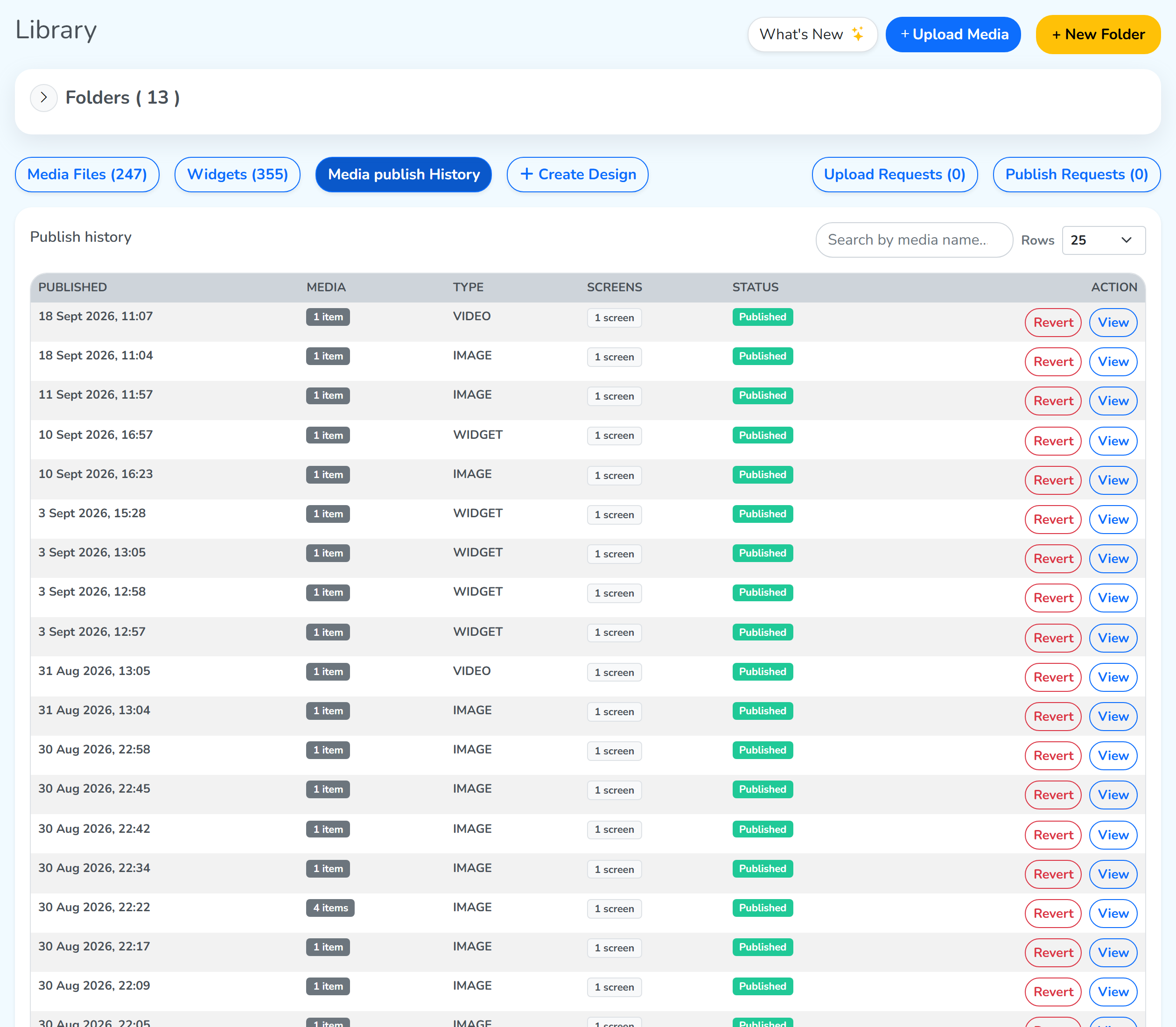 Media publish History, a row for each publish with its date, media, type, screens and status