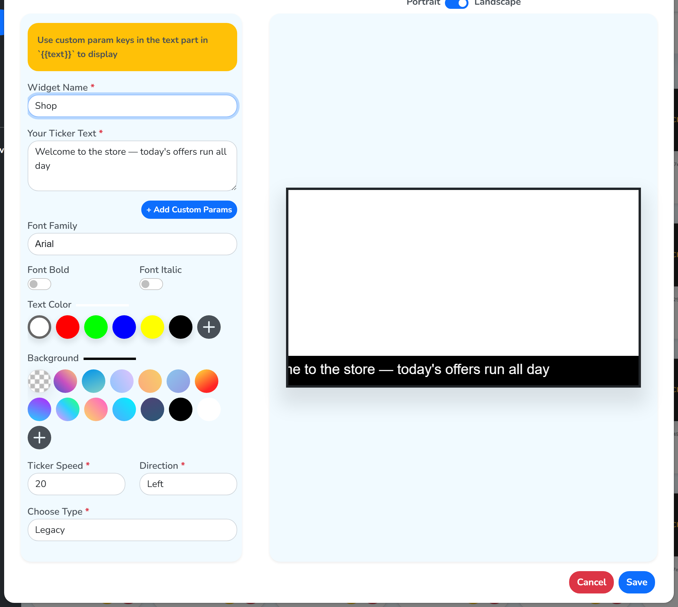 The Add New window for a ticker, with the name and text on the left, the live preview on the right, and the speed, direction and type below