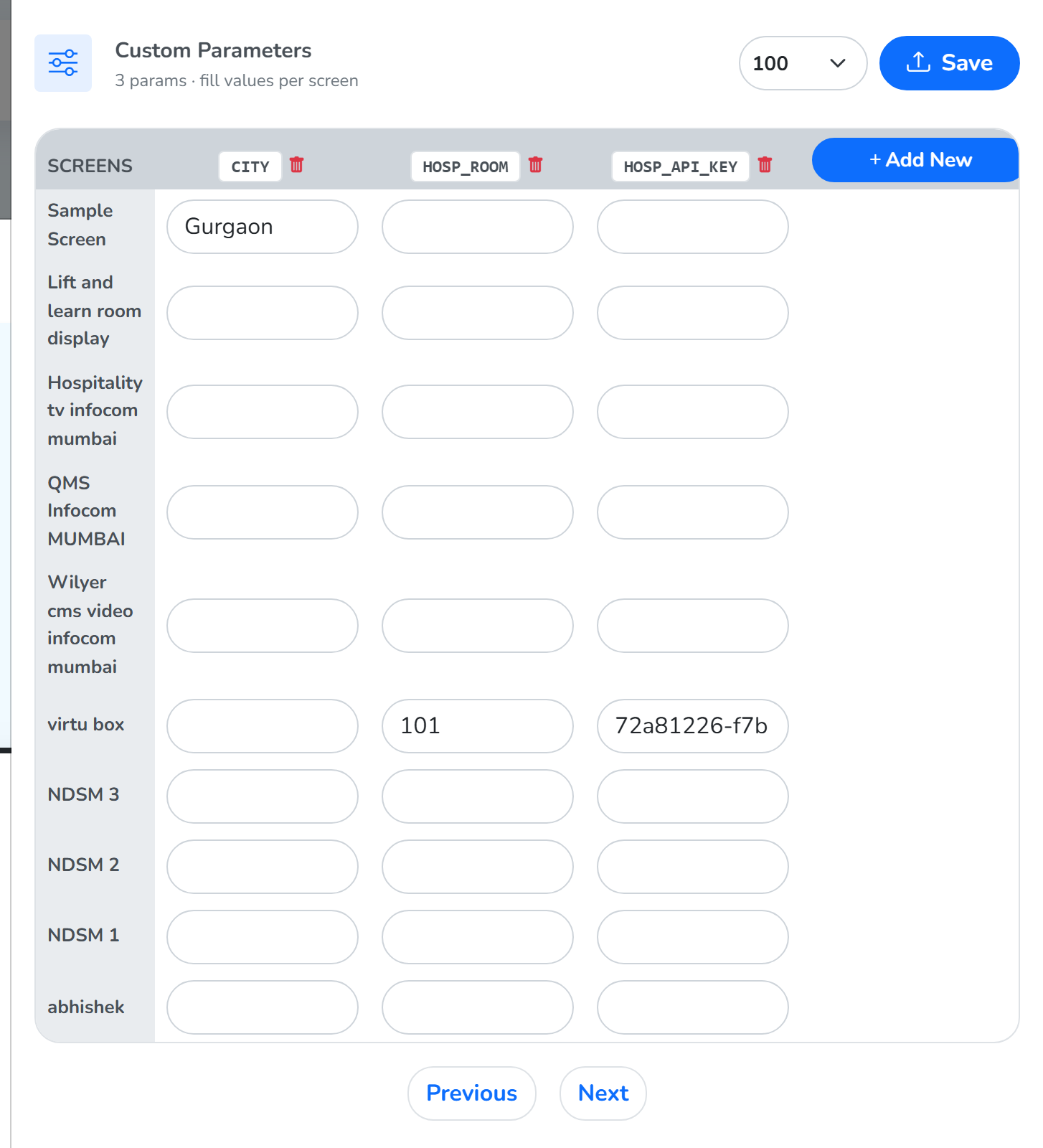 The custom params panel, listing every screen against the key of each custom param and its value