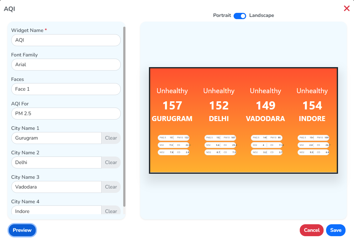 The Add New window for an AQI Meter widget, with the widget name, AQI type and city fields on the left and the air quality preview on the right